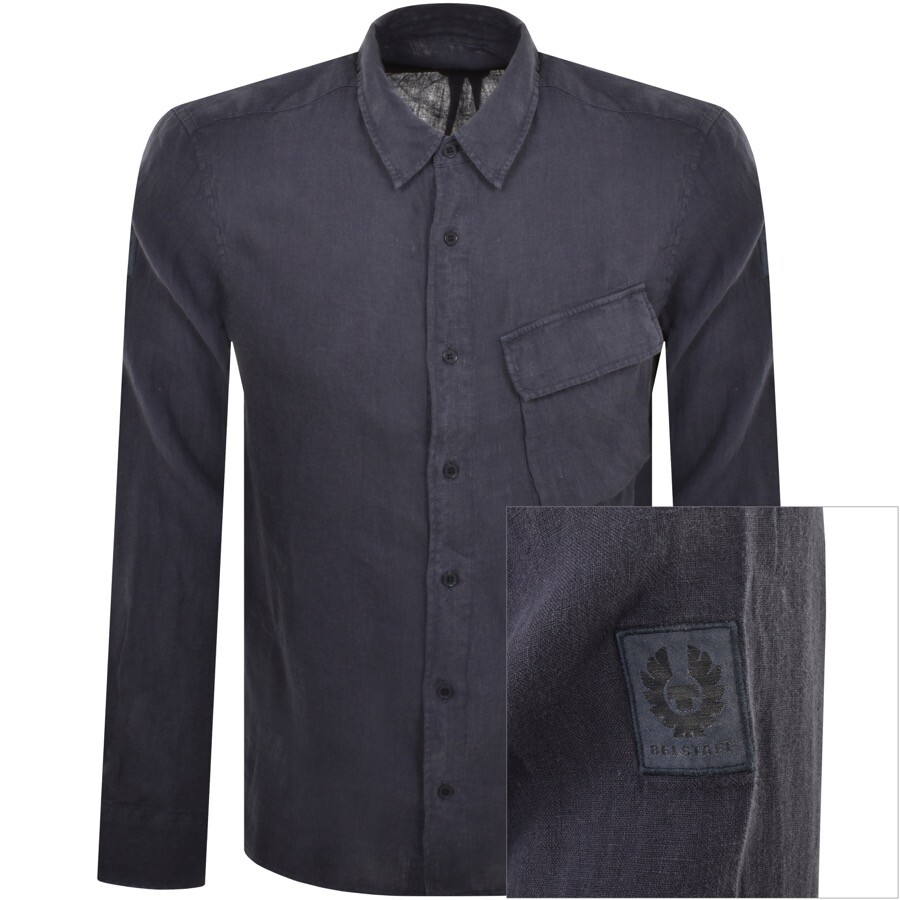 Shop Belstaff Scale Linen Long Sleeved Shirt Navy