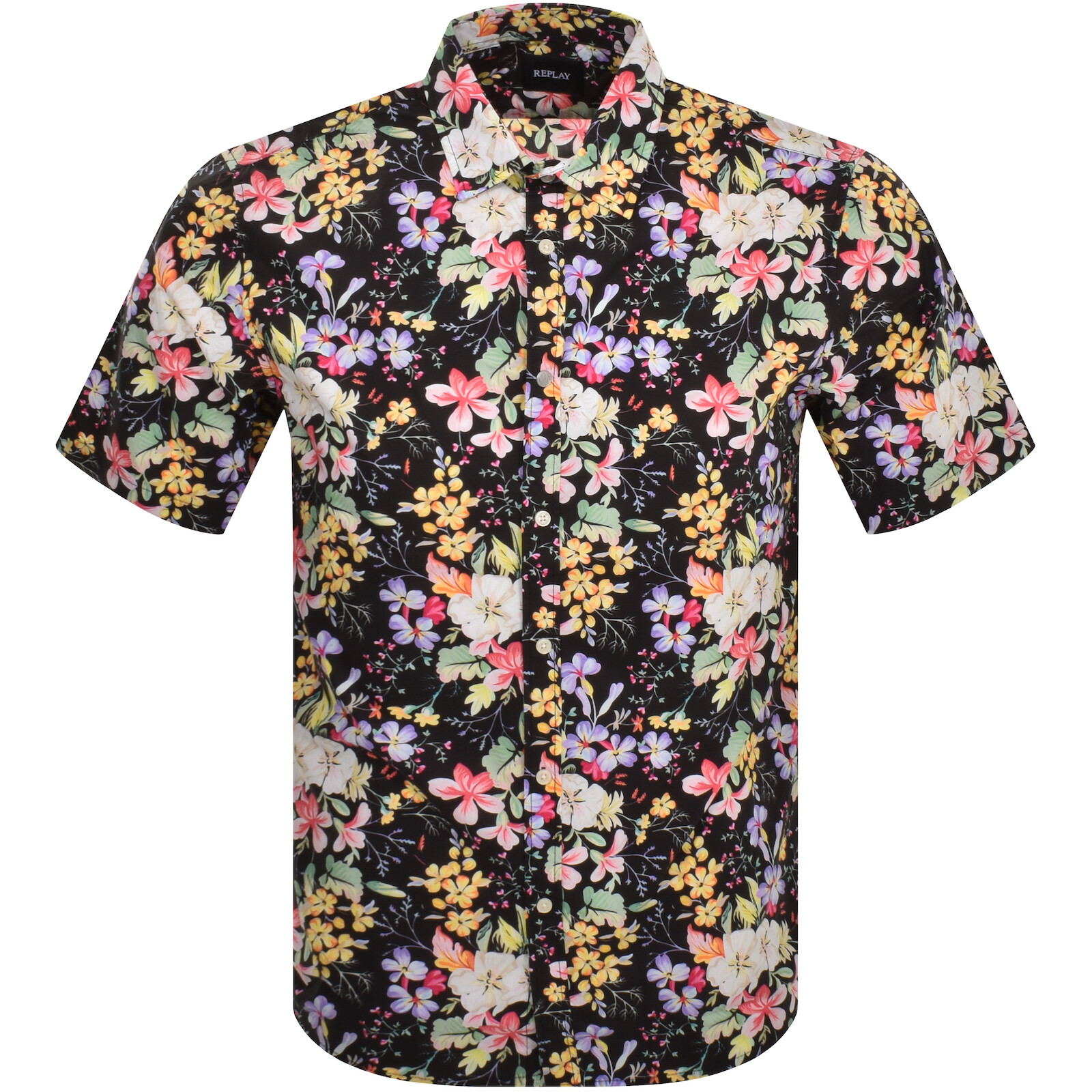 Shop Replay Short Sleeve Floral Shirt Black